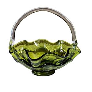 Vintage Viking Green Art Glass Epic Double Crimped Layer Basket